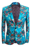 Men's Blue Embroidery One Button Blazer