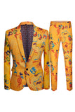 Men's Yellow 2 Piece Notched Lapel Print Suit