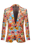 Men's Orange Notched Lapel Graffiti Blazer