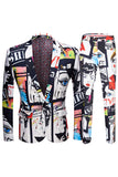 Men's White Notched Lapel Special Graffiti 2 Piece Suit