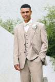 Men's Light Khaki Peak Lapel Pinstripe Single Breasted 3 Piece Wedding Suits