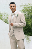 Men's Light Khaki Peak Lapel Pinstripe Single Breasted 3 Piece Wedding Suits