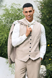 Men's Light Khaki Peak Lapel Pinstripe Single Breasted 3 Piece Wedding Suits