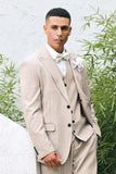 Men's Light Khaki Peak Lapel Pinstripe Single Breasted 3 Piece Wedding Suits