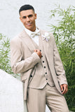 Men's Light Khaki Peak Lapel Pinstripe Single Breasted 3 Piece Wedding Suits