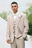 Men's Light Khaki Peak Lapel Pinstripe Single Breasted 3 Piece Wedding Suits