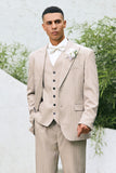 Men's Light Khaki Peak Lapel Pinstripe Single Breasted 3 Piece Wedding Suits