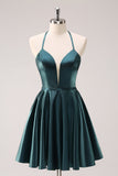 Peacock Blue A-Line Halter Short Metallic Homecoming Dress with Lace Up Back