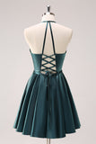 Peacock Blue A-Line Halter Short Metallic Homecoming Dress with Lace Up Back