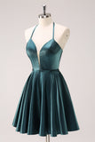 Peacock Blue A-Line Halter Short Metallic Homecoming Dress with Lace Up Back