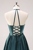 Peacock Blue A-Line Halter Short Metallic Homecoming Dress with Lace Up Back