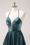 Peacock Blue A-Line Halter Short Metallic Homecoming Dress with Lace Up Back