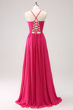 Fuchsia A Line Spaghetti Straps Chiffon Lace Up Back Long Bridesmaid Dress With Slit