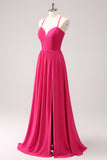 Fuchsia A Line Spaghetti Straps Chiffon Lace Up Back Long Bridesmaid Dress With Slit