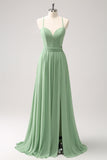 Dusty Sage A Line Chiffon Lace Up Back Ruched Bridesmaid Dress With Slit