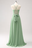 Dusty Sage A Line Chiffon Lace Up Back Ruched Bridesmaid Dress With Slit