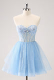 Sparkly Sky Blue A Line Sweetheart Corset Short Homecoming Dress with Sequins