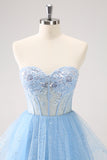 Sparkly Sky Blue A Line Sweetheart Corset Short Homecoming Dress with Sequins