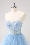 Sparkly Sky Blue A Line Sweetheart Corset Short Homecoming Dress with Sequins