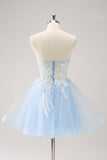 Sparkly Blue A Line Corset Sequin Short Homecoming Dress with Appliques