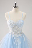 Sparkly Blue A Line Corset Sequin Short Homecoming Dress with Appliques