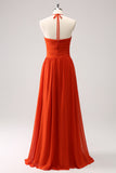 Orange A Line Halter Pleated Chiffon Long Bridesmaid Dress