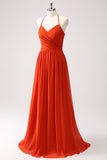 Orange A Line Halter Pleated Chiffon Long Bridesmaid Dress