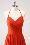 Orange A Line Halter Pleated Chiffon Long Bridesmaid Dress