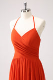 Orange A Line Halter Pleated Chiffon Long Bridesmaid Dress