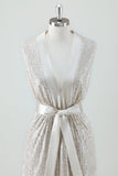 Champagne Sparkly Sheath V Neck Tea Length Holiday Party Dress with Bow