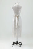 Champagne Sparkly Sheath V Neck Tea Length Holiday Party Dress with Bow