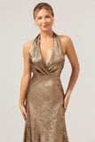 Golden Mermaid Halter Deep V Neck Tea Length Bridesmaid Dress