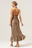 Golden Mermaid Halter Neck Midi Wedding Party Guest Dress