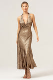 Golden Mermaid Halter Deep V Neck Tea Length Bridesmaid Dress