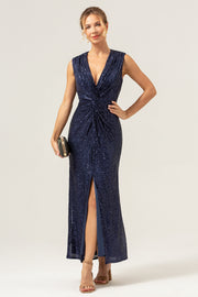 Sparkly Navy Sheath V-Neck Sequins Sleeveless Wedding Party Dress With Slit