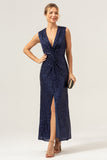 Sparkly Navy Sheath V-Neck Sequins Sleeveless Wedding Party Dress With Slit