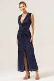 Sparkly Navy Sheath V-Neck Sequins Sleeveless Wedding Party Dress With Slit