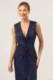 Sparkly Navy Sheath V-Neck Sequins Sleeveless Wedding Party Dress With Slit