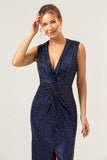 Sparkly Navy Sheath V-Neck Sequins Sleeveless Wedding Party Dress With Slit