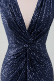 Sparkly Navy Sheath V-Neck Sequins Sleeveless Mother Of Bride Dress With Slit