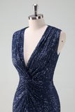 Sparkly Navy Sheath V-Neck Sequins Sleeveless Mother Of Bride Dress With Slit