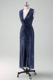 Sparkly Navy Sheath V-Neck Sequins Sleeveless Mother Of Bride Dress With Slit