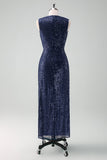 Sparkly Navy Sheath V-Neck Sequins Sleeveless Mother Of Bride Dress With Slit