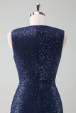 Sparkly Navy Sheath V-Neck Sequins Sleeveless Mother Of Bride Dress With Slit