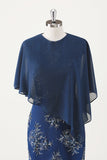 Navy Sheath Tea Length Floral Mother of the Bride Dress with Wrap