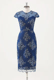 Navy Sheath Tea Length Floral Mother of the Bride Dress with Wrap