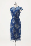 Navy Sheath Tea Length Floral Mother of the Bride Dress with Wrap