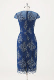 Navy Sheath Tea Length Floral Mother of the Bride Dress with Wrap