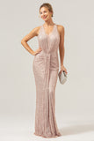 Sparkly Blush Mermaid Halter Ruched Long Prom Dress with Sequins