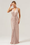 Sparkly Blush Mermaid Halter Ruched Long Prom Dress with Sequins